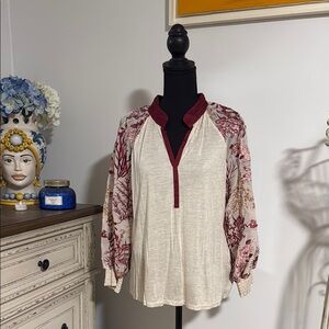 NWOT Anthropologie Stunning Floral Cream and Burgundy Top